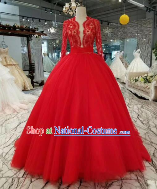 Professional Compere Costume Red Veil Full Dress Top Grade Modern Dance Princess Wedding Dress for Women