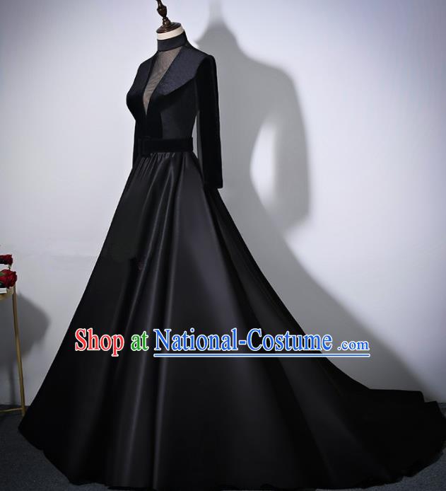 Professional Compere Costume Black Trailing Full Dress Modern Dance Princess Wedding Costume for Women