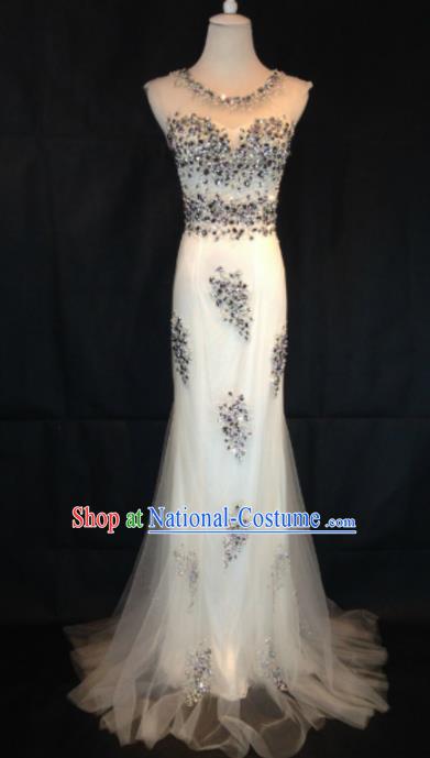 Professional White Veil Crystal Wedding Dress Princess Full Dress Modern Dance Costume for Women