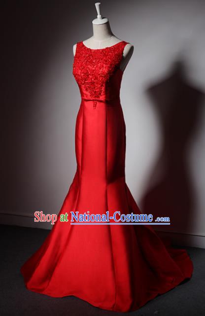 Top Grade Catwalks Red Satin Evening Dress Compere Modern Fancywork Costume for Women