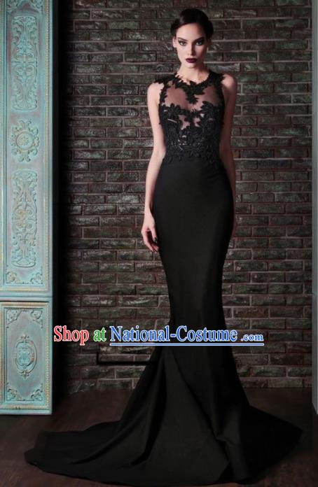 Top Grade Catwalks Black Trailing Evening Dress Compere Modern Fancywork Costume for Women