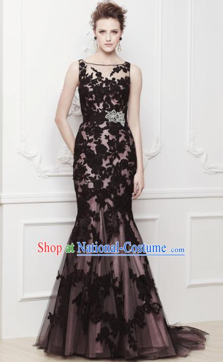 Top Grade Catwalks Black Veil Trailing Evening Dress Compere Modern Fancywork Costume for Women