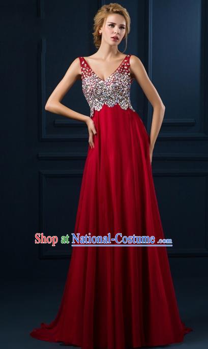 Top Grade Catwalks Diamante Red Evening Dress Compere Modern Fancywork Costume for Women