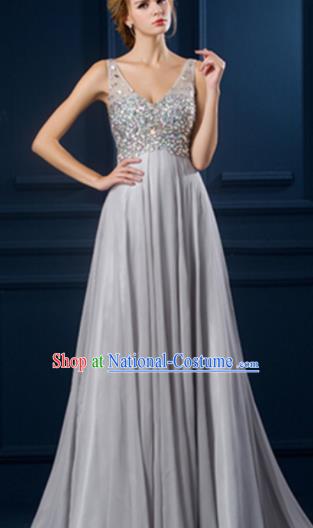 Top Grade Catwalks Diamante Grey Evening Dress Compere Modern Fancywork Costume for Women