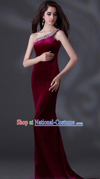 Top Grade Catwalks Wine Red Evening Dress Compere Modern Fancywork Costume for Women