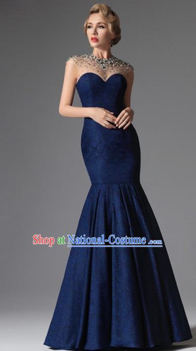 Top Grade Catwalks Navy Fishtail Evening Dress Compere Modern Fancywork Costume for Women