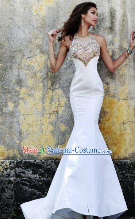 Top Grade Catwalks Crystal White Evening Dress Compere Modern Fancywork Costume for Women