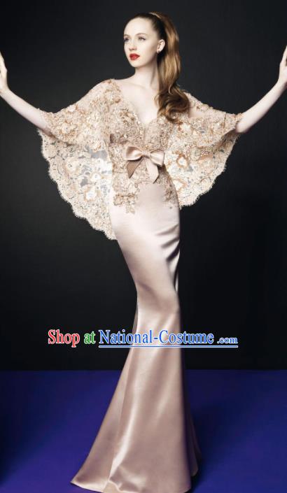 Top Grade Catwalks Champagne Lace Evening Dress Compere Modern Fancywork Costume for Women