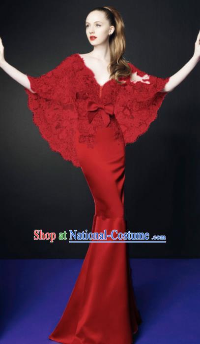 Top Grade Catwalks Red Lace Evening Dress Compere Modern Fancywork Costume for Women