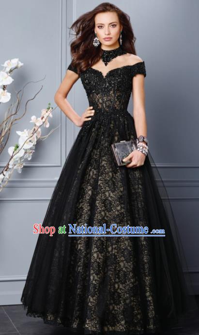 Top Grade Catwalks Black Veil Bubble Evening Dress Compere Modern Fancywork Costume for Women