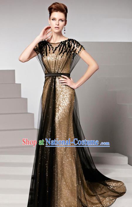 Top Grade Catwalks Golden Paillette Trailing Evening Dress Compere Modern Fancywork Costume for Women