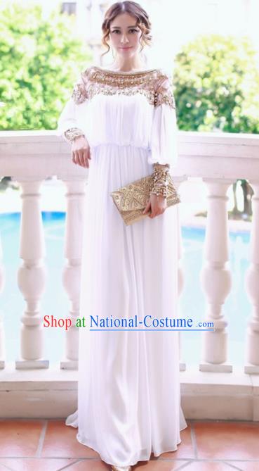 Top Grade Catwalks White Retro Evening Dress Compere Modern Fancywork Costume for Women