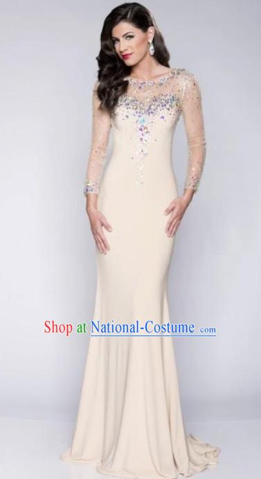 Top Grade Catwalks Beige Evening Dress Compere Modern Fancywork Costume for Women