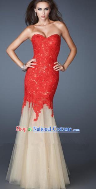 Top Grade Catwalks Red Lace Veil Evening Dress Compere Modern Fancywork Costume for Women