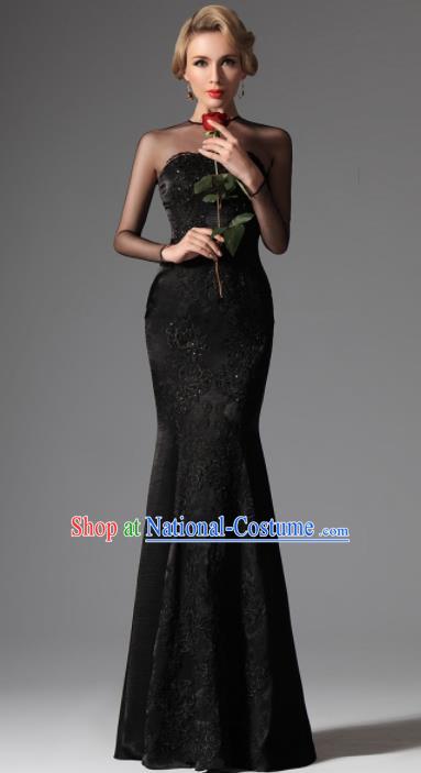 Top Grade Catwalks Black Lace Evening Dress Compere Modern Fancywork Costume for Women