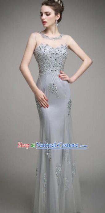 Top Grade Catwalks Grey Veil Evening Dress Compere Modern Fancywork Costume for Women