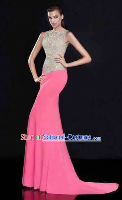 Top Grade Catwalks Diamante Pink Trailing Evening Dress Compere Modern Fancywork Costume for Women