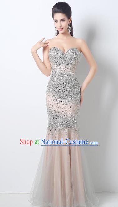 Top Grade Catwalks Diamante Champagne Veil Evening Dress Compere Modern Fancywork Costume for Women