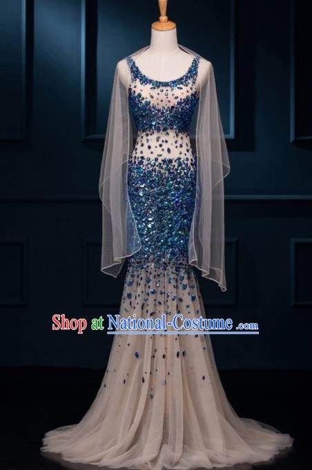 Top Grade Catwalks Blue Paillette Veil Evening Dress Compere Modern Fancywork Costume for Women