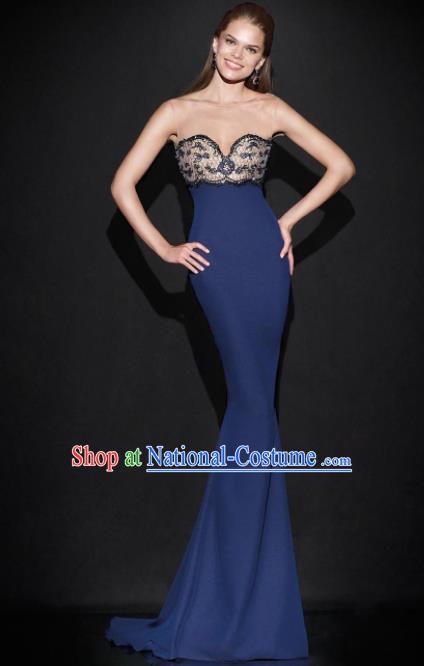 Top Grade Catwalks Navy Trailing Evening Dress Compere Modern Fancywork Costume for Women