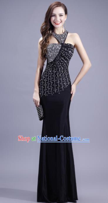 Top Grade Catwalks Black Evening Dress Compere Modern Fancywork Costume for Women