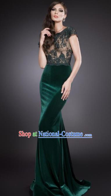 Top Grade Catwalks Green Velvet Evening Dress Compere Modern Fancywork Costume for Women