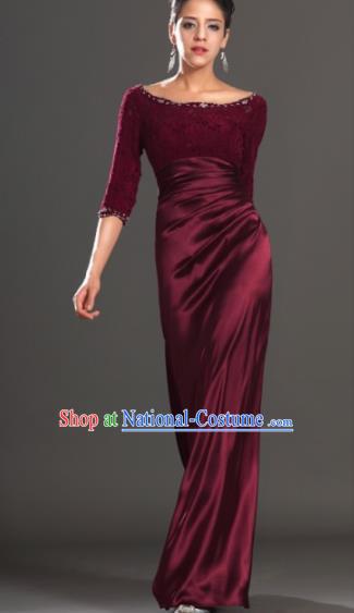 Top Grade Catwalks Wine Red Lace Evening Dress Compere Modern Fancywork Costume for Women