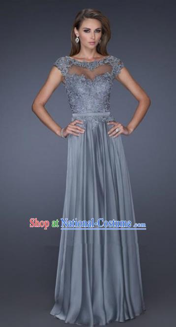 Top Grade Catwalks Grey Lace Evening Dress Compere Modern Fancywork Costume for Women