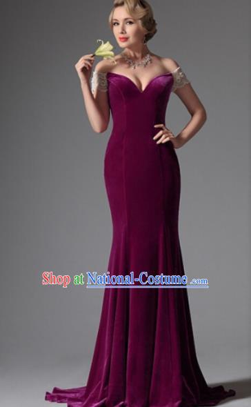 Top Grade Catwalks Purple Velvet Trailing Evening Dress Compere Modern Fancywork Costume for Women