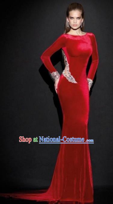 Top Grade Catwalks Red Sexy Evening Dress Compere Modern Fancywork Costume for Women