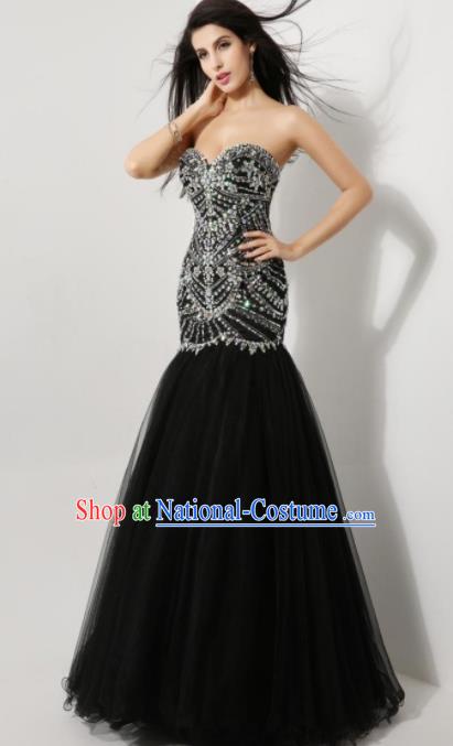 Top Grade Catwalks Black Veil Crystal Evening Dress Compere Modern Fancywork Costume for Women