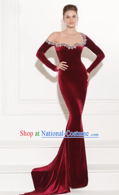 Top Grade Catwalks Wine Red Velvet Formal Dress Compere Modern Fancywork Costume for Women