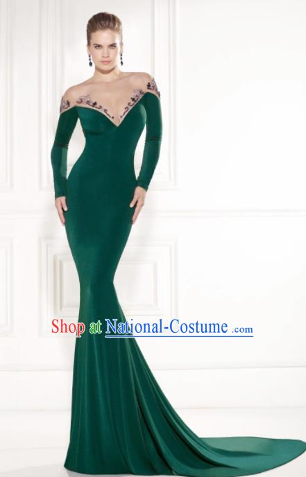 Top Grade Catwalks Green Velvet Formal Dress Compere Modern Fancywork Costume for Women