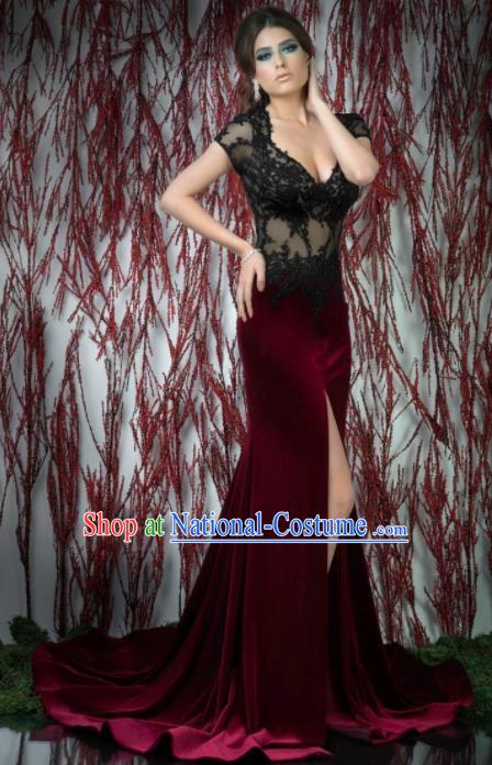 Top Grade Modern Fancywork Wine Red Velvet Formal Dress Compere Catwalks Costume for Women