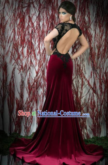 Top Grade Modern Fancywork Wine Red Velvet Formal Dress Compere Catwalks Costume for Women