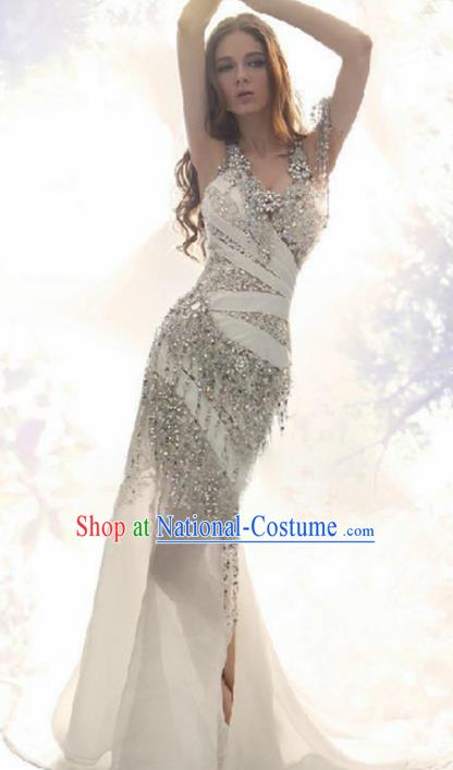 Top Grade Modern Fancywork White Crystal Formal Dress Compere Catwalks Costume for Women