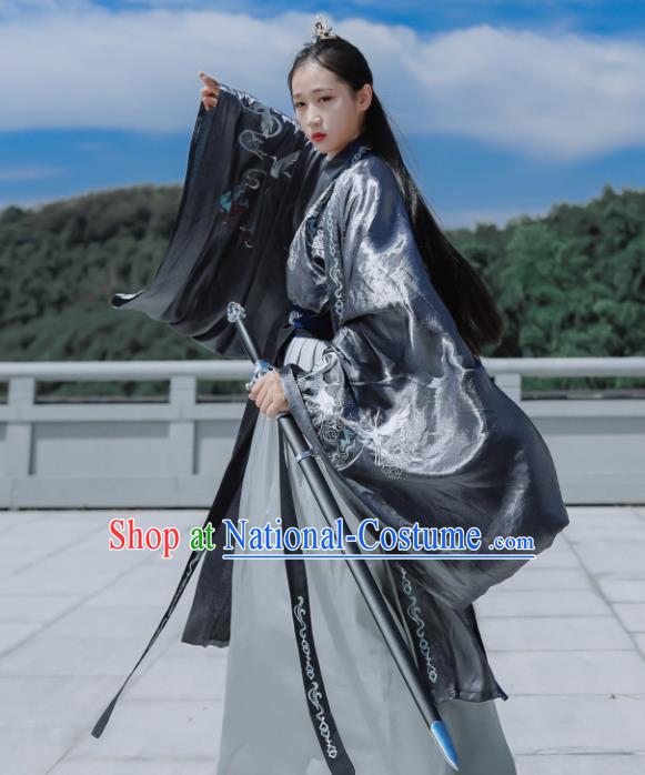 Traditional Chinese Jin Dynasty Embroidered Historical Costume Ancient Swordswoman Hanfu Dress for Women