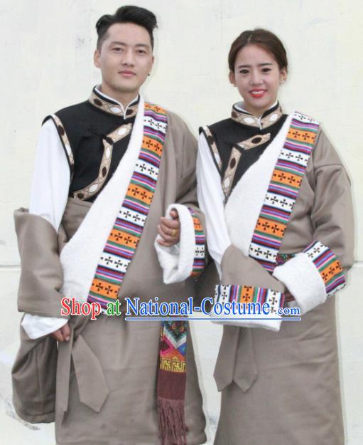 Chinese Traditional Tibetan Bride and Bridegroom Grey Robes Zang Nationality Heishui Dance Ethnic Costumes for Women for Men