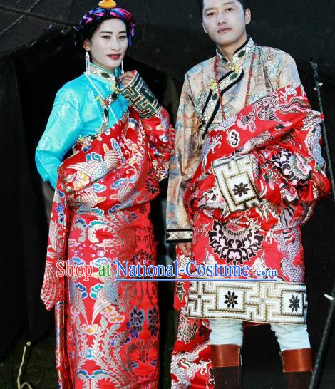 Chinese Traditional Tibetan Bride and Bridegroom Red Robes Zang Nationality Heishui Dance Ethnic Costumes for Women for Men