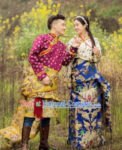 Chinese Traditional Tibetan Wedding Brocade Robes Zang Nationality Heishui Dance Ethnic Costumes for Women for Men