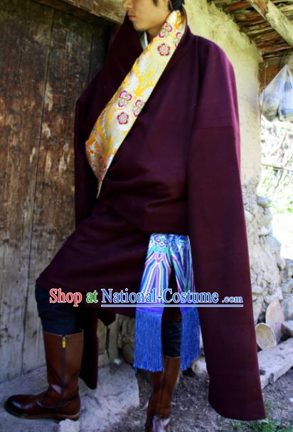 Chinese Traditional National Wine Red Tibetan Robe Zang Nationality Ethnic Folk Dance Costume for Men