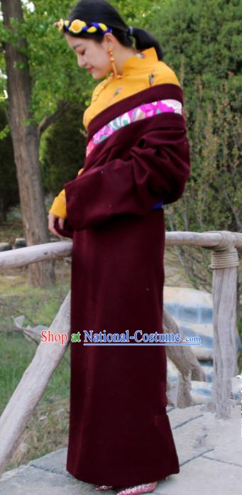 Chinese Traditional National Ethnic Wine Red Tibetan Robe Zang Nationality Costume for Women