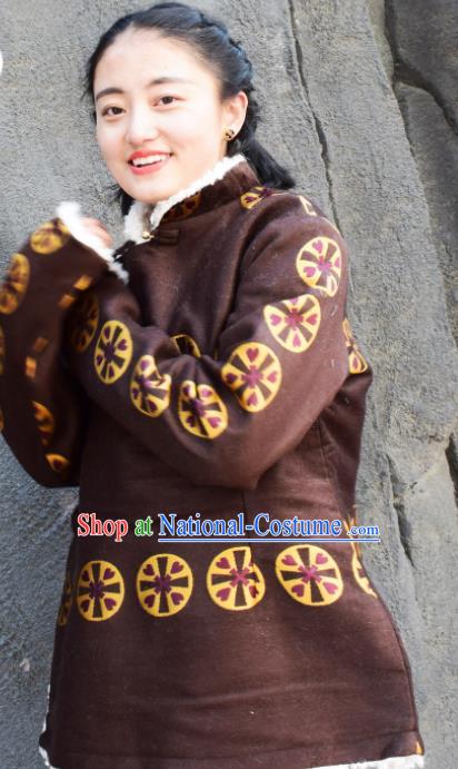 Chinese Traditional Tibetan National Ethnic Brown Cotton Padded Jacket Zang Nationality Costume for Women