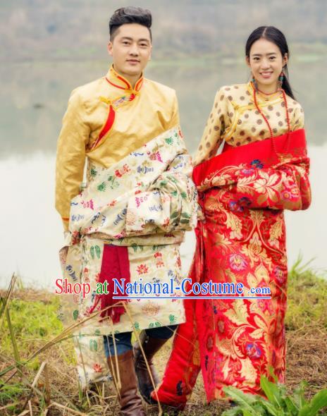 Chinese Traditional Tibetan Wedding Brocade Robes Zang Nationality Bride and Bridegroom Ethnic Costumes for Women for Men