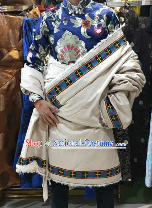 Chinese Traditional National White Tibetan Robe Zang Nationality Ethnic Folk Dance Costume for Men