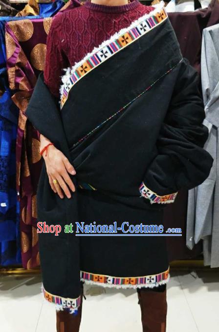 Chinese Traditional National Black Tibetan Robe Zang Nationality Ethnic Folk Dance Costume for Men