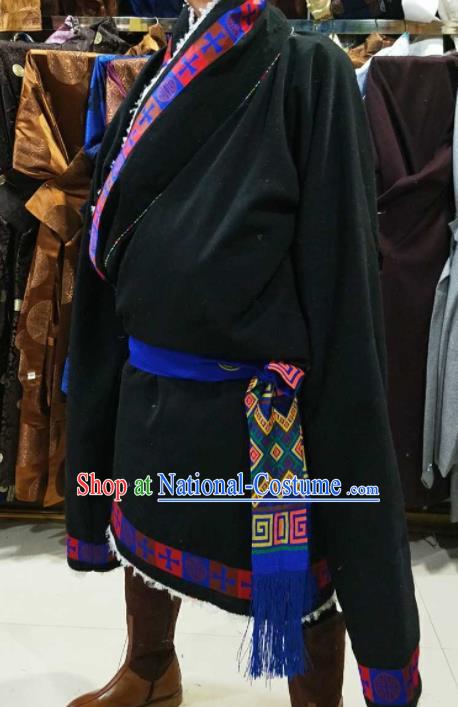 Chinese Traditional National Navy Tibetan Robe Zang Nationality Ethnic Folk Dance Costume for Men