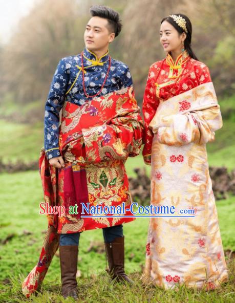 Chinese Traditional Tibetan Bride and Bridegroom Brocade Robes Zang Nationality Wedding Ethnic Costumes for Women for Men