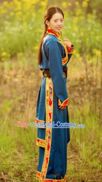 Chinese Traditional Tibetan Ethnic Female Blue Dress Zang Nationality Heishui Dance Costume for Women