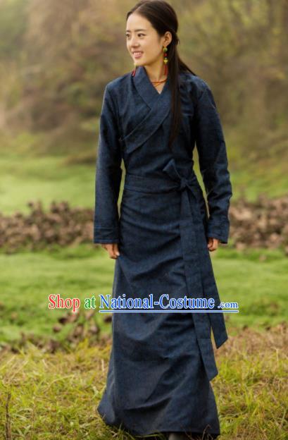 Chinese Traditional Tibetan Ethnic Female Deep Blue Dress Zang Nationality Heishui Dance Costume for Women